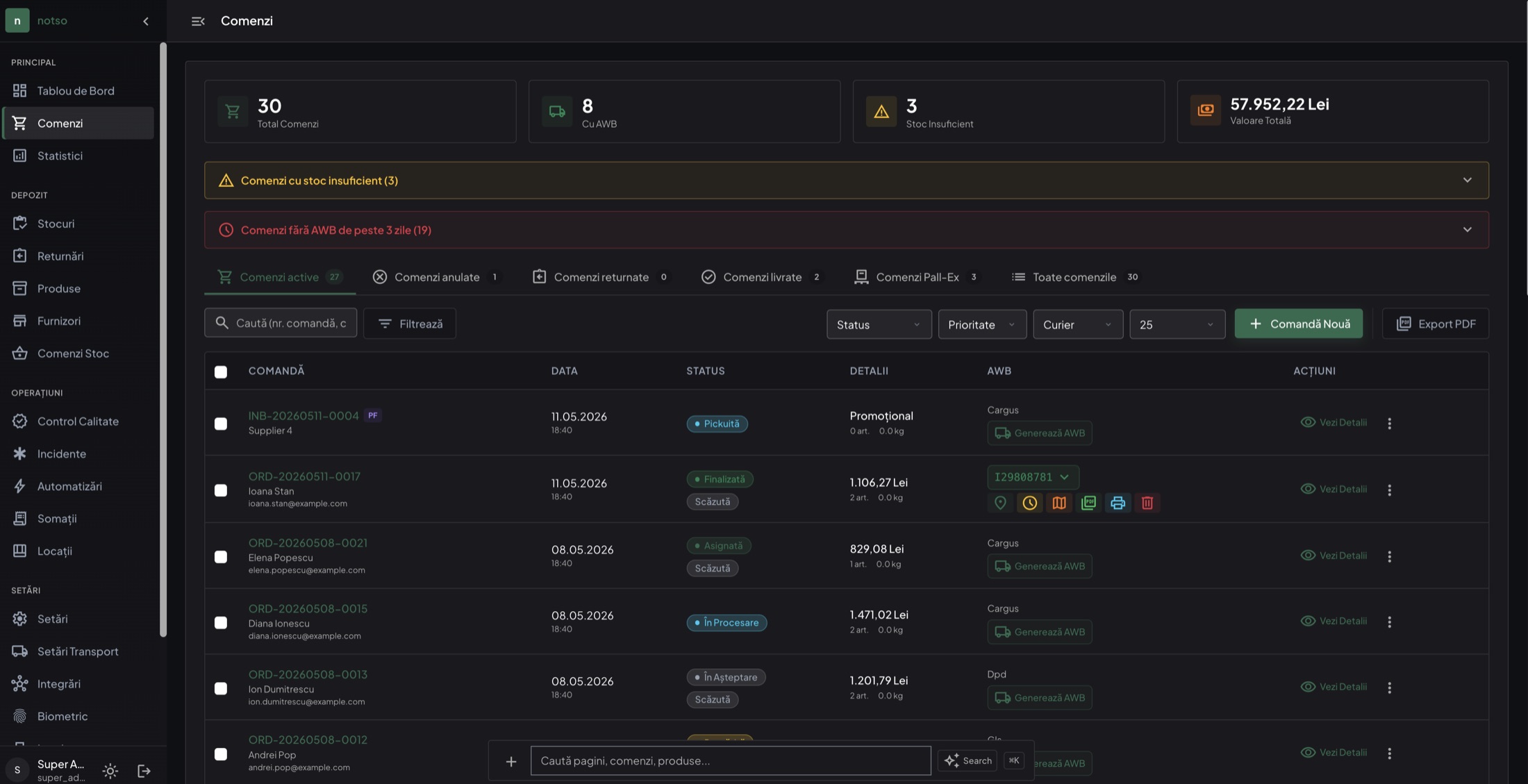 The Orders screen in notsowms: marketplace orders, courier AWB, and invoice on the same row
