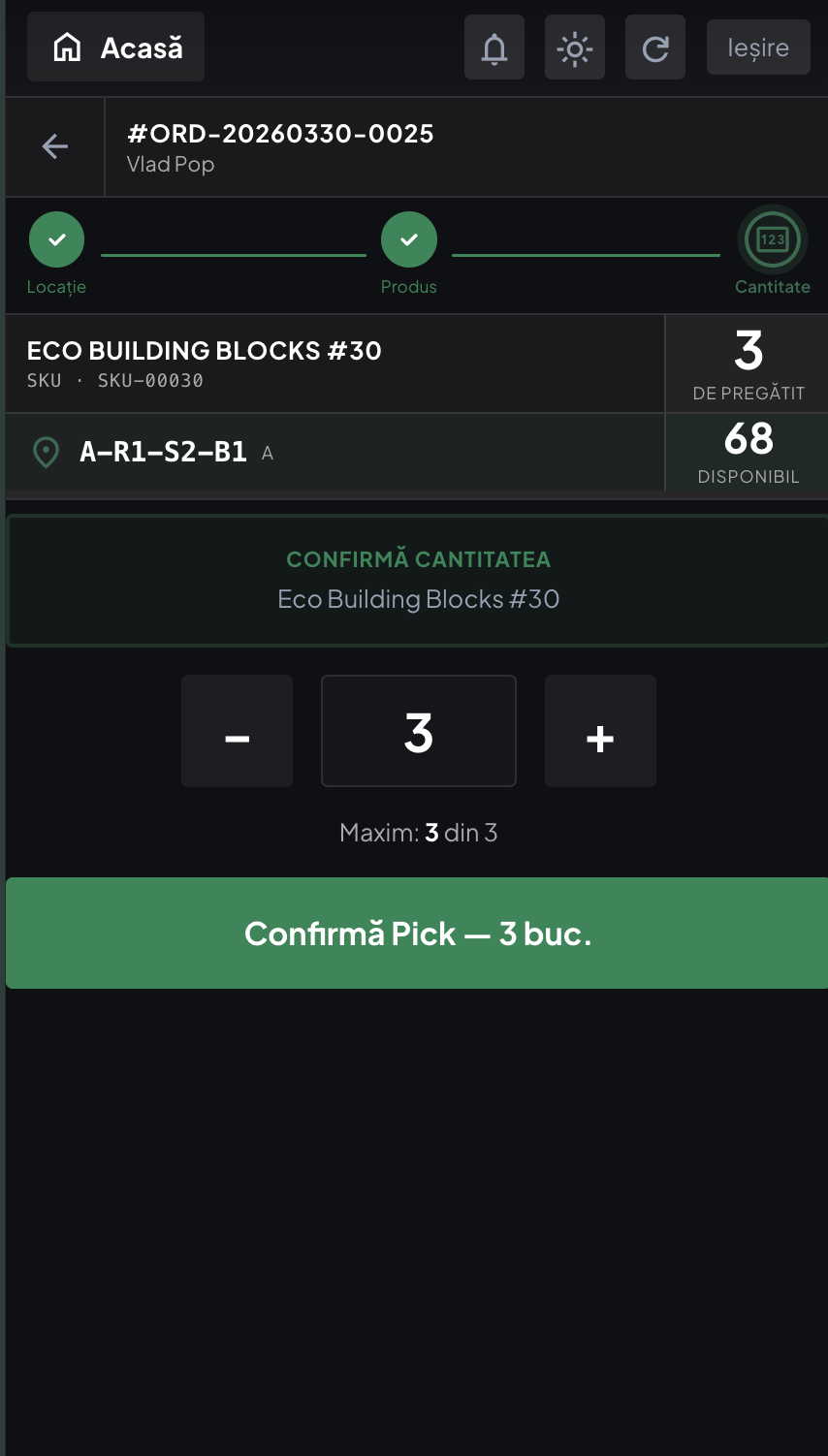 Confirming the picked quantity, with the maximum shown