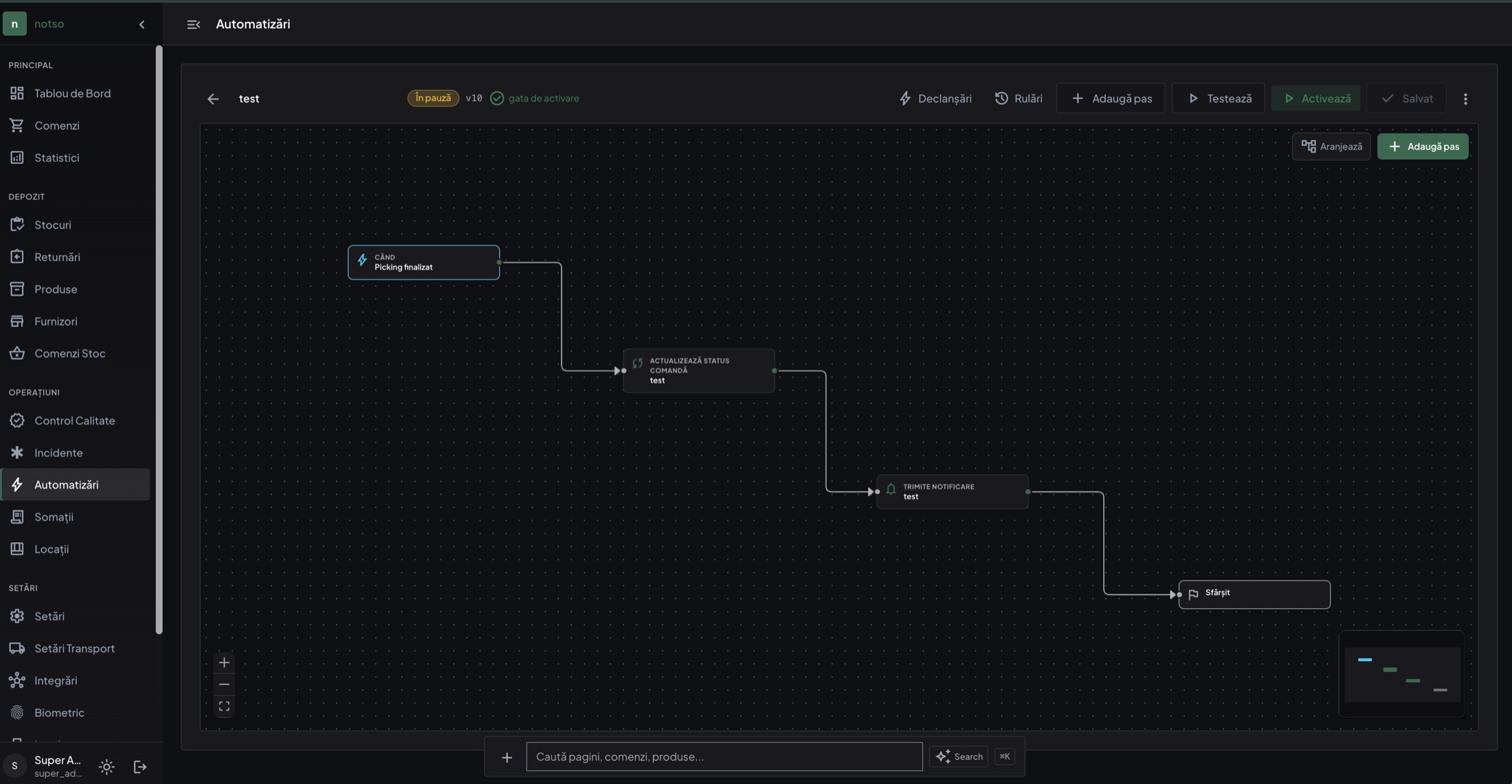 The visual automation builder in notsowms, with nodes connected into a flow